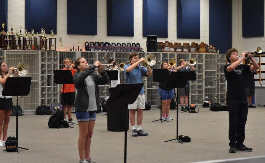 Part of the Bearcat Regiment practices in the band hall while maintaining social distancing Sept. 15.