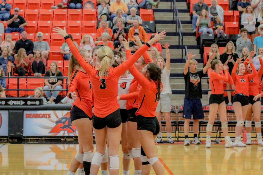 Varsity+volleyball+celebrates+at+their+game+on+Oct.+26+against+Wichita+Falls.