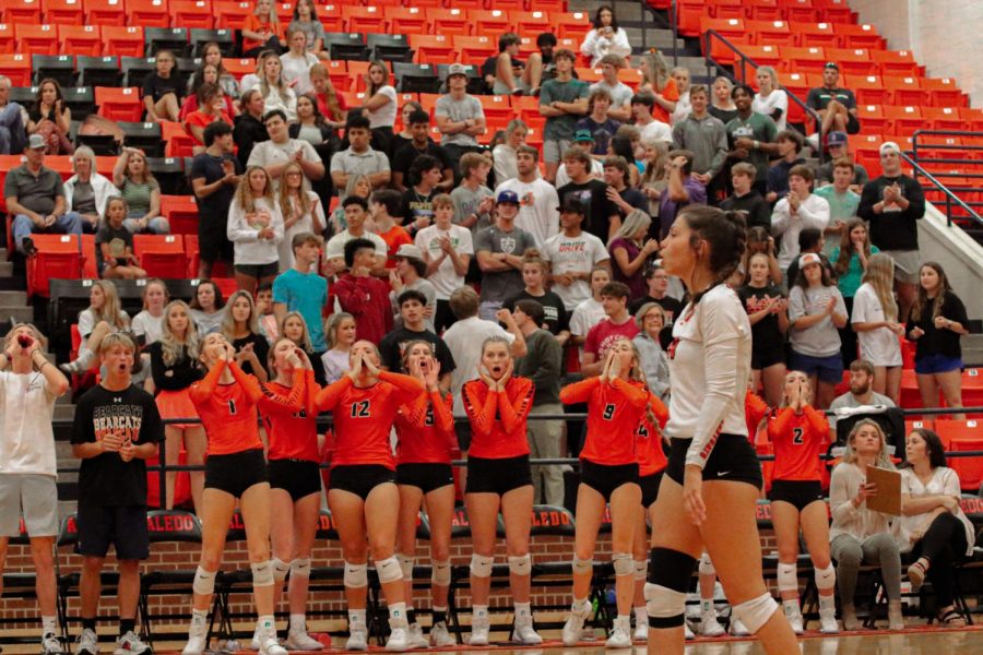 Varsity volleyball cheers on the team at their game on Oct. 26 against Wichita Falls.