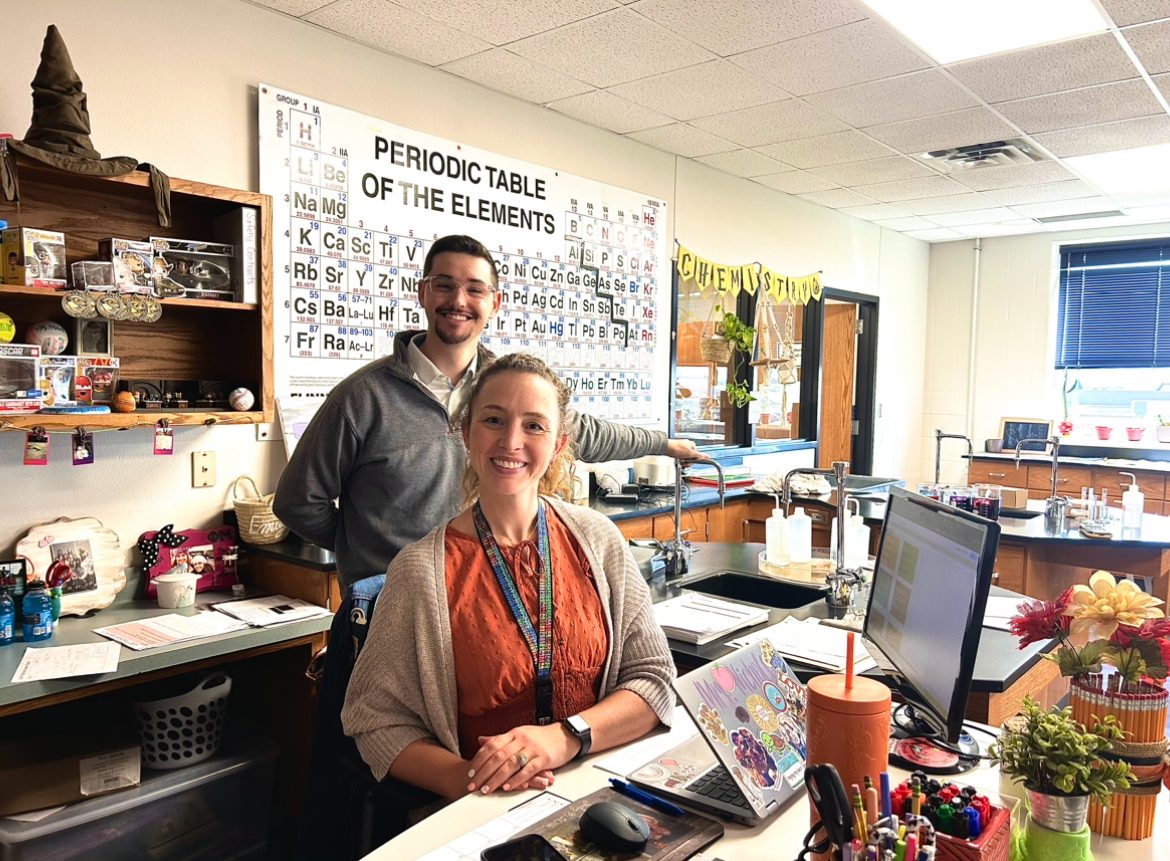 Aledo science teachers Emily Nichols and Hunter Meroney pose in Nichols' classroom on Oct. 2, 2024