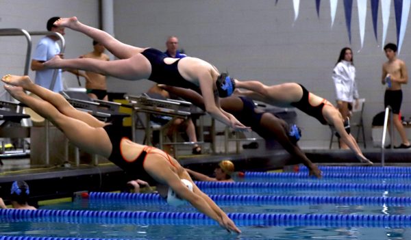 As she dives into the pool, senior Victoria Crews begins her 200 meter individual medley race Saturday, Oct. 5, at the Wilkerson-Greines Activities Center. "I talk to both my club and high school coach about what I should swim and what they expect of me," Crews said. "Then I go into the swim meet, just relaxed and just in a good, trying to be in a good mental space." 
Photo by Avery Faulkner 