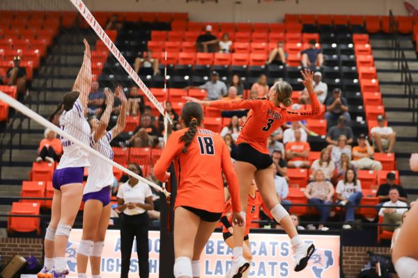 Senior outside hitter Alyssa Todd, #3, goes for the kill against Granbury Sept 17  three-set game 3-0. 